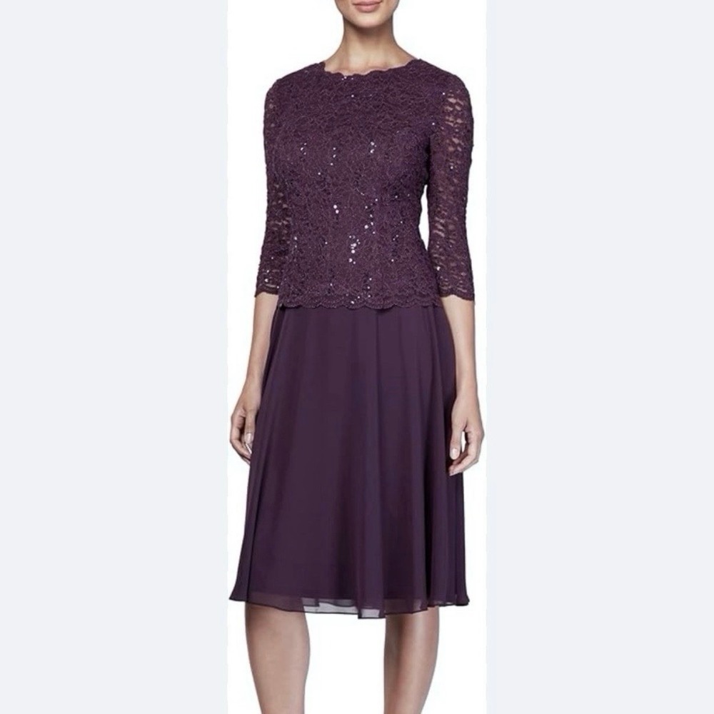 Alex Evenings Purple Lace Sequins Chiffon Tea Length 3/4 Sleeve Dress 12 PETITE